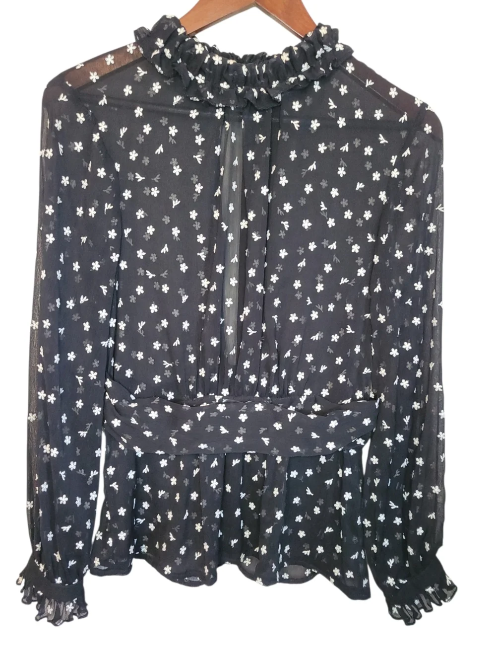 Zara Sheer Embroidered Blouse Small Black Floral Mesh Ruffle Neck Peplum Top - Picture 6 of 10